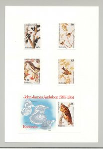 Redonda 1985 Audubon, Birds, Owls 4v & 1v S/S Imperf Proofs on Card