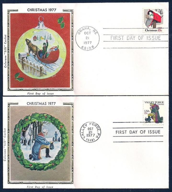 UNITED STATES FDCs (2) 13¢ Christmas 1977 Colorano