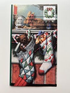 2025 Holiday Cheer FDC Hand Crafted Cachet Christmas Stockings Mantle Rabbit