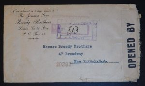 1918 Limon Costa Rica Censored Cover To NY Usa Breedy Brother Jamaica Store