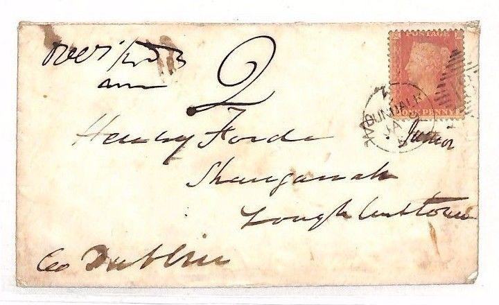 BG33 GB IRELAND 1858? Penny Red UNDERPAID Cover *Dundalk* Duplex Charged *2*