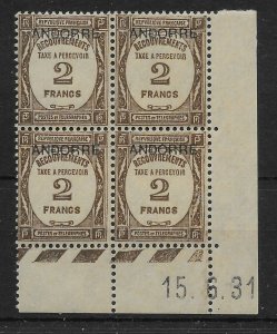 ANDORRA (FRENCH) SGFD37 1932 2f BISTRE-BROWN POSTAGE DUE MNH BLK OF 4