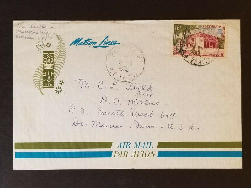 1966 Tahiti to New York City Matson Line Cruise Ship Sea Cancel Air Mail Cover