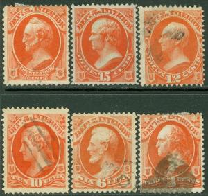 EDW1949SELL : USA 1873 Scott #O17-O22 Used. Nice group. Catalog $93.00.
