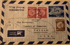 ISRAEL 1954. Tel AVIV Aerogram Postcard History to Havana with 2xSG#43 + SG#49-