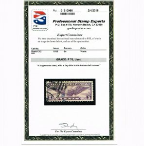 EXCELLENT GENUINE SCOTT #C12 USED PSE CERT GRADED F-VF 70 WINGED GLOBE AIR MAIL