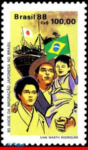 2138 BRAZIL 1988 JAPANESE IMMIGRATION, FLAGS, SHIPS BOATS, JAPAN, MI# 2257, MNH
