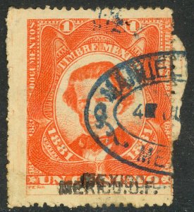 MEXICO 1881 1c Melchor Ocampo Revenue CORRECTED MEXICO DF Ovpt  DO66 Used