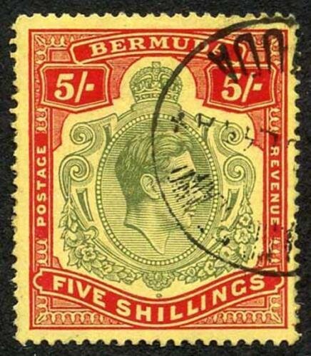 Bermuda SG118b KGVI 5/- Pale Green and Red/yellow Line Perf 14.25 (Ref 102) 