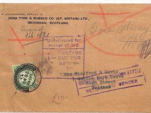 GB Scotland RETOUR Cover *Feltham*Middlesex ½d Postage Due RENFREW CDS 1932 AO12