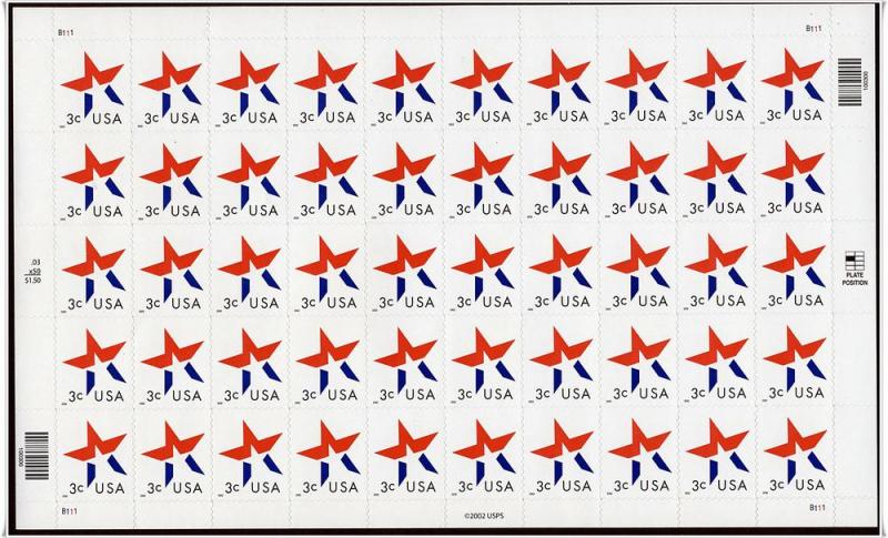 SC#3613 3¢ Star Sheet of Fifty (2002) SA