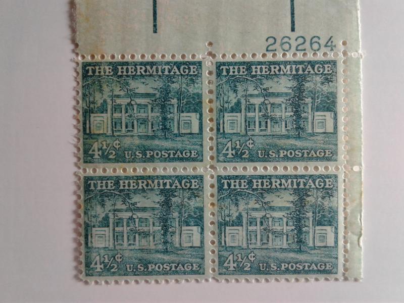 SCOTT # 1037 FOUR AND ONE HALF CENT HERMITAGE PLATE BLOCK GEM MINT NEVER HINGED