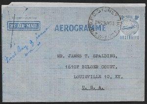 AUSTRALIA Aerogramme 10d Airplane & Globe 1953 Sydney cancel to USA!