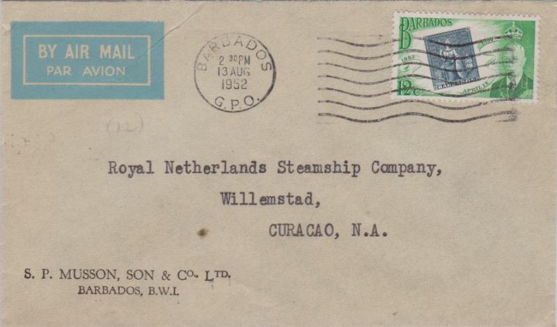 Barbados 12c KGVI Stamp Centenary 1952 Barbados, G.P.O. Airmail to Willemstad...