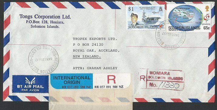 SOLOMON IS 1997 Registered airmail cover Honiara to New Zealand............13253