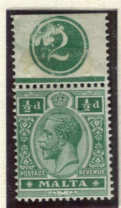 MALTA; 1914 early GV issue fine Mint hinged Shade of 1/2d. value 