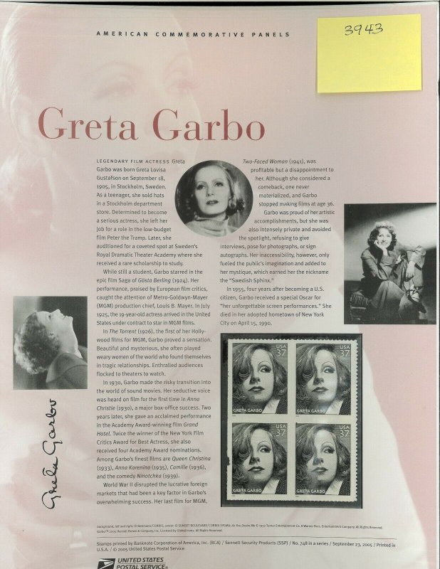 USPS COMMEMORATIVE PANEL #748 GRETA GARBO #3943