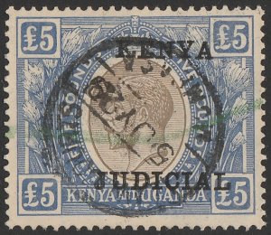 KENYA 1928 'KENYA JUDICIAL' on KGV £5 black & blue revenue. Rare. 