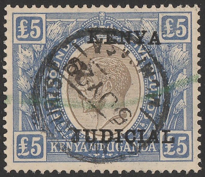 KENYA 1928 'KENYA JUDICIAL' on KGV £5 black & blue revenue. Rare. 