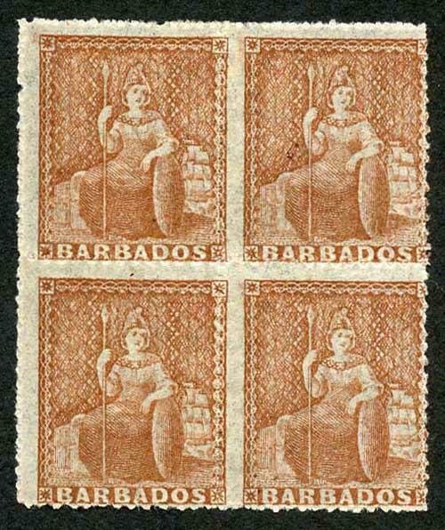 Barbados SG26 1861 (4d) dull brown-red rough perf 14 to 16 Superb Mint Block of