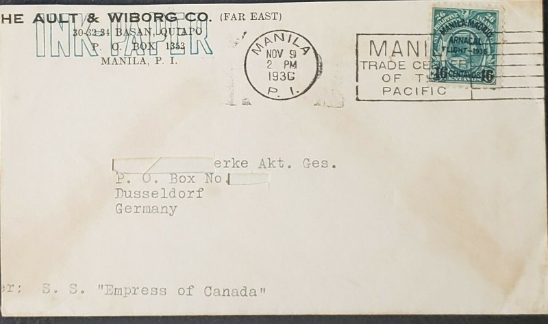 Philippines 1936 Manila To Germany Air Cover