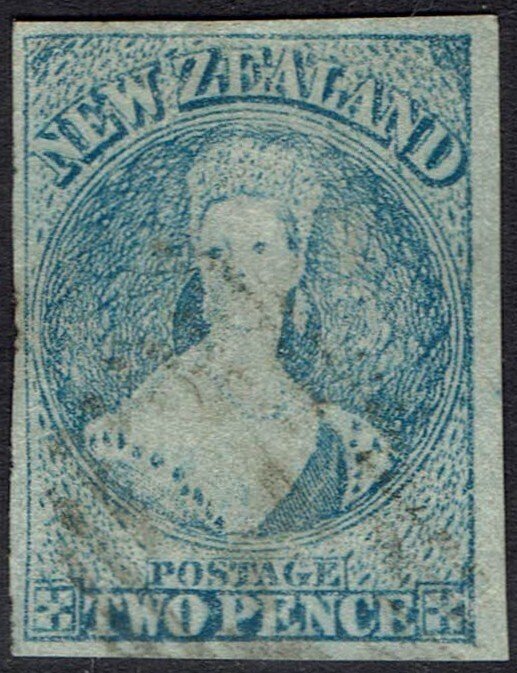 NEW ZEALAND 1862 QV CHALON 2D IMPERF WMK LARGE STAR USED