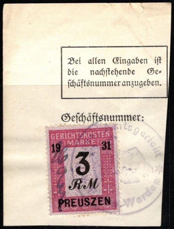 1931 Germany Prussia Revenue 3 Marks Court Fees w/Official Cancel