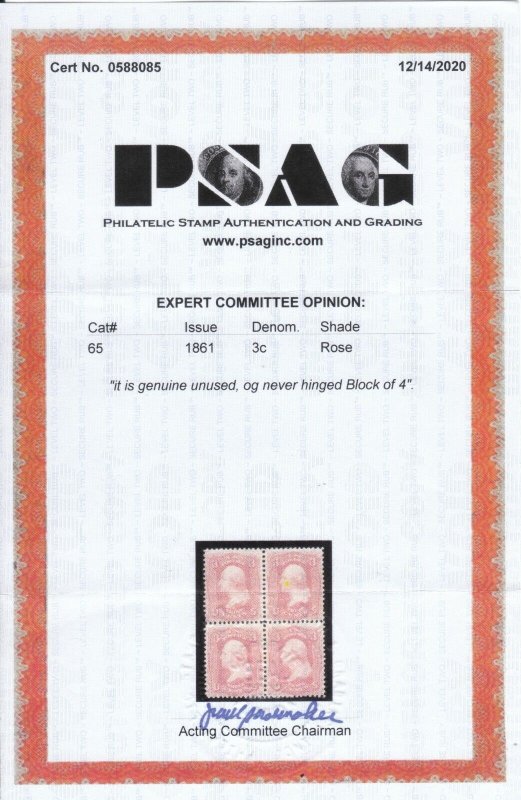 MOstamps - US #65 Mint OG NH Block of 4 with PSAG cert - Lot # MO-2430