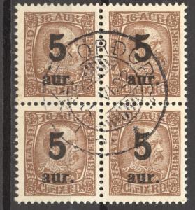 Iceland 1921 Overprints Scott # 130, the 5 A, VF ++ used Block of 4, no faults, 