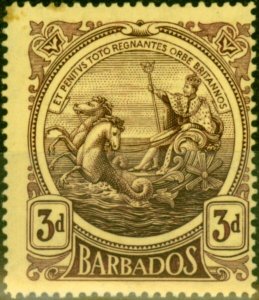 Barbados 1919 3d Deep Purple-Yellow Thick Paper SG186a Fine Mtd Mint