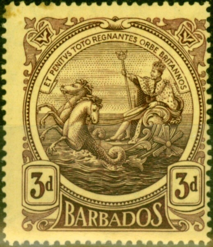 Barbados 1919 3d Deep Purple-Yellow Thick Paper SG186a Fine Mtd Mint
