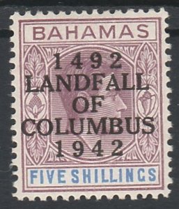 BAHAMAS 1942 KGVI COLUMBUS 500 YEARS OVERPRINTED 5/-  