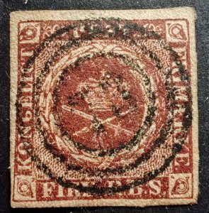 A used postage stamp from Denmark, known as the Fire R.B.S., first issue...