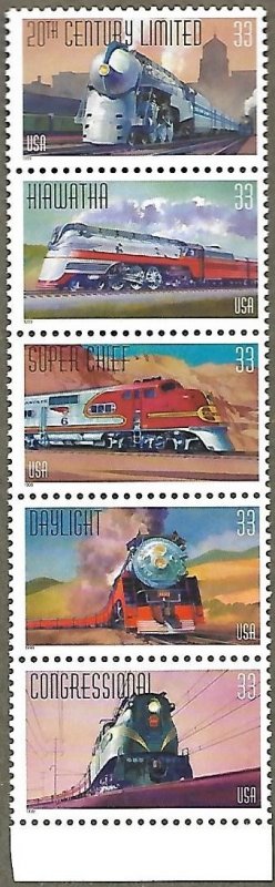 United States #3337a 33c Famous Trains MNH strip of 5 (1999)