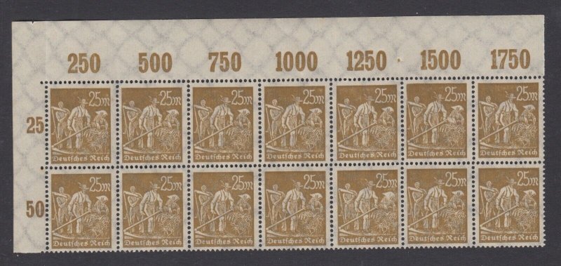 Germany Sc 225, Mi 243 MNH. 1923 25m ochre Farmers, top corner block of 14, VF.