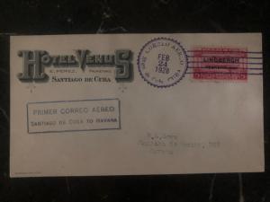 1928 Santiago Cuba hotel venus first flight cover FFC To Havana