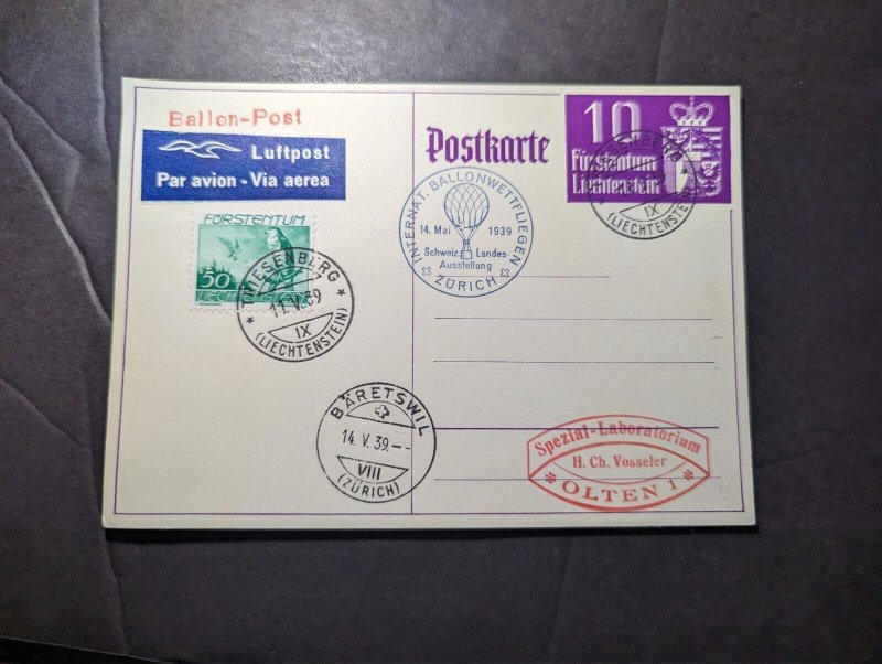1939 Liechtenstein Airmail Balloon Post Postcard Cover Triesenburg to Zurich