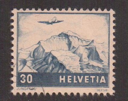 Switzerland   #C43  used  1948  Air  plane over The Jungfrau  30c  grey /slate b