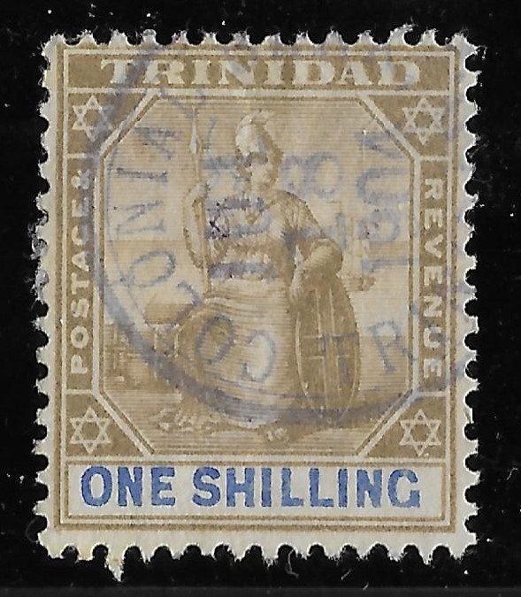 Trinidad 1/- Britannia issue of 1904 Scott 86 Used Purple Colonial Trinidad cds