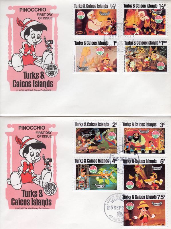 Turks and Caicos 1980 Sc# 442-50 Disney Christmas/PINOCCHIO Set (9) FDC (2)