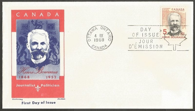 CANADA FDC.1968 HENRI BOURASSA 5C STAMP.FIRST DAY OF ISSUE COVER.JACKSON,CHICKER