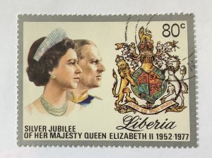 Liberia 1977  Scott 790 used - 80c,  Queen Elizabeth II & Prince Philip,  Arms