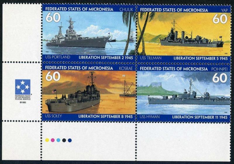 Micronesia 231 ad block,MNH.Michel 435-438. End of World War II50.1995.Warships.