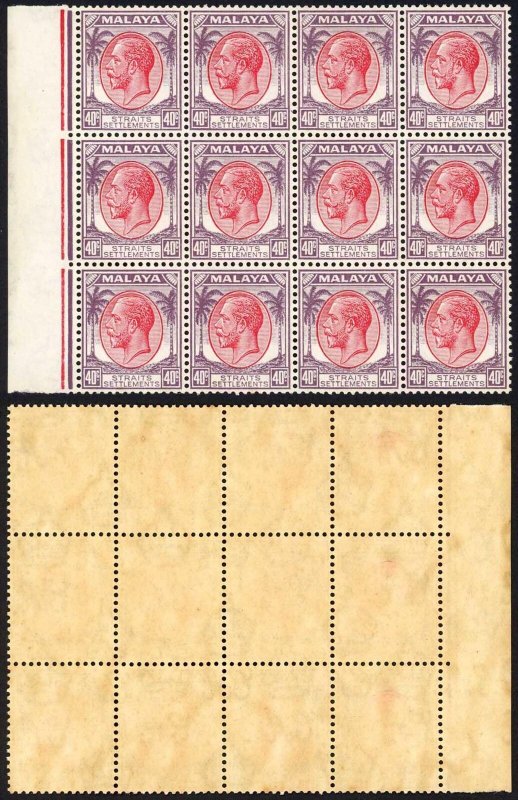 Straits Settlements SG270 40c Scarlet and dull purple Block of 12 U/M