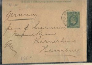 TRINIDAD COVER (P0407B) 1907 KE 1/2D PS WRAPPER SENT TO GERMANY 