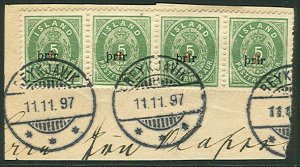 ICELAND #31 (35) 3Prir (large) Strip of 4 tied on small piece, scarce and VF