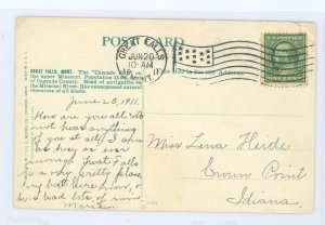 US 357 Bluish green issue of 1909 13 Star Flag cancel with city, time & date stamp.  Picture of Rainbow Falls, Mont