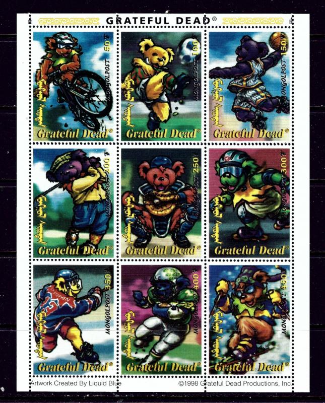 Mongolia 2330M MNH 1998 Grateful Dead sheet of 9