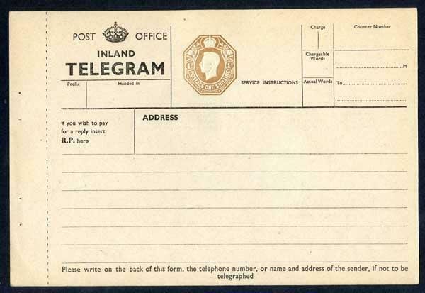 TP28 KGVI 1/- Post Office Telegram Form