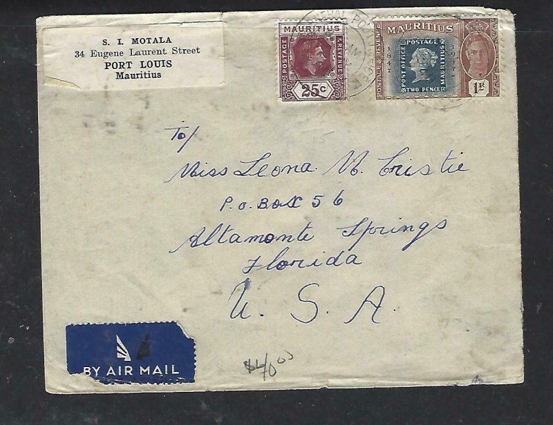 MAURITIUS COVER (P1311B) 1948 KGVI 25C+ STAMP CENT 1R A/M TO USA